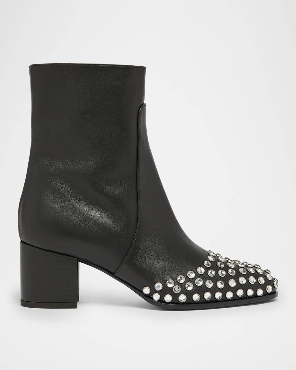Leather Crystal Stud Cap-Toe Ankle Booties